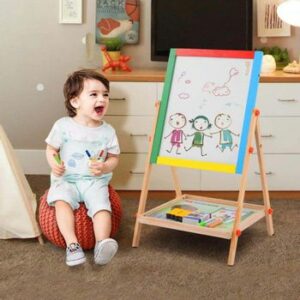 Tabla Magnetica cu Doua Fete si rotatie 360 grade, cu Litere, Cifre,Tetris si accesorii, 65 x 37 cm, din lemn, WD 3014