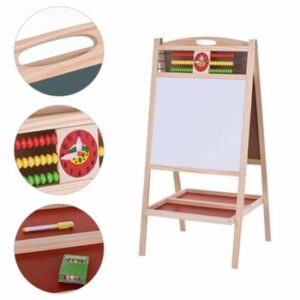 Tabla multifunctionala dubla din lemn, 90x45cm cu 2 fete + ceas, abacus set creta colorata si buretel, WD 4010
