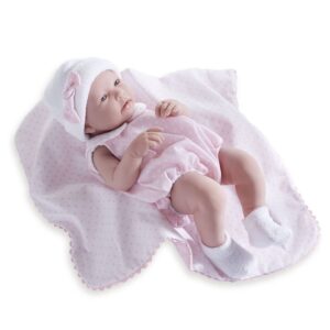Jucarie Bebe fetita 43 cm costum vara roz si paturica