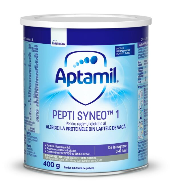 Lapte praf Nutricia pentru alergii si intolerante usoare, Aptamil Pepti SYNEO, 400g, 0-6 luni