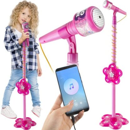 microfon iso trade cu trepied si intrare mp3 inaltime adjustabila 71 102 cm roz