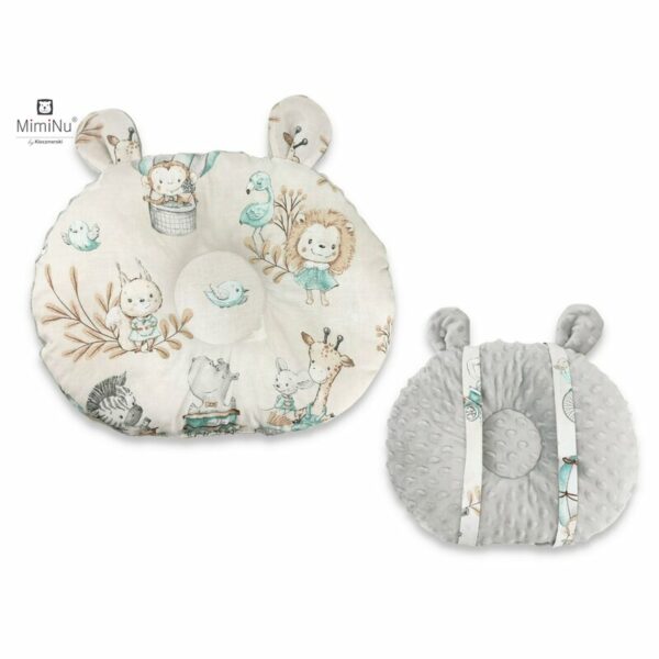 MimiNu - Perna bebelusi Ursulet, Multifunctionala, Design, Minky Grey/ Zoo On Bikes Nugat