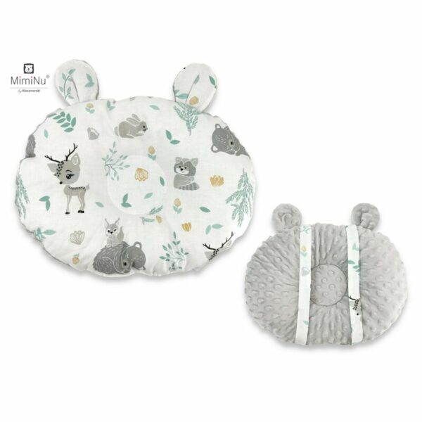MimiNu - Perna bebelusi Ursulet, Multifunctionala, Minky Grey/Forest Friends Grey/Mint