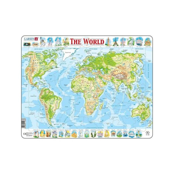 Puzzle maxi Harta fizica a lumii, orientare tip vedere, 80 piese, Larsen