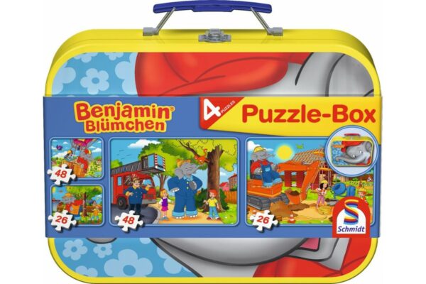 puzzle schmidt benjamin elefantul 2x26 2x48 piese cutie metalica 55594