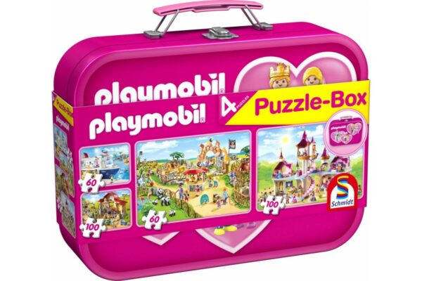 puzzle schmidt playmobil pink 2x60 2x100 piese cutie metalica 56498 1
