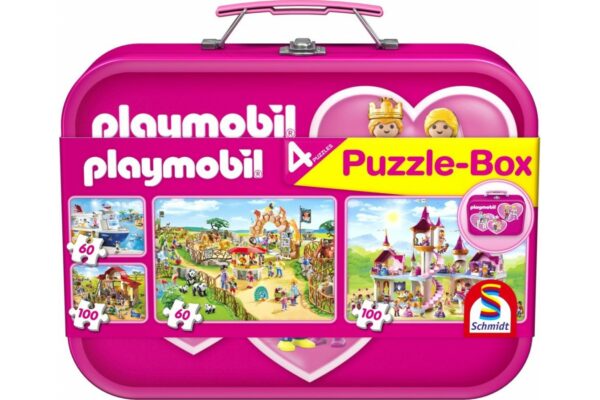 puzzle schmidt playmobil pink 2x60 2x100 piese cutie metalica 56498