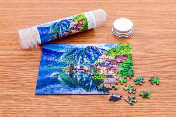 Puzzle TinyPuzzle - Hallstatt Lake and Village with Boat, 99 piese (1021) - imagine 2