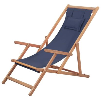 scaun de plaja pliabil albastru textil i cadru din lemn