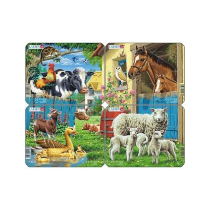 set 4 puzzle mini animale de la ferma cu oi rate vaci cai orientare tip vedere 7 piese larsen