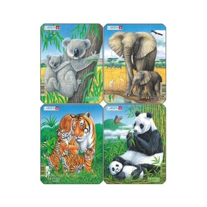 set 4 puzzle mini animale exotice cu elefanti koala panda tigri orientare tip portret 8 piese larsen