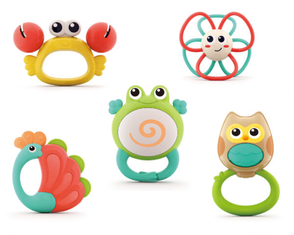 Set 5 Jucarii pentru Dentitie in Cutie, Orchestra Animalelor, Jucarii Gingivale Bebelusi