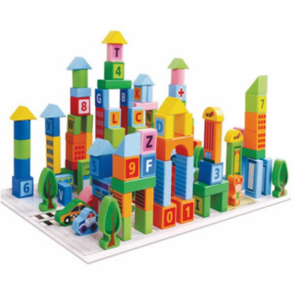 Set de constructie din lemn, 100 piese, Smart Town Blocks