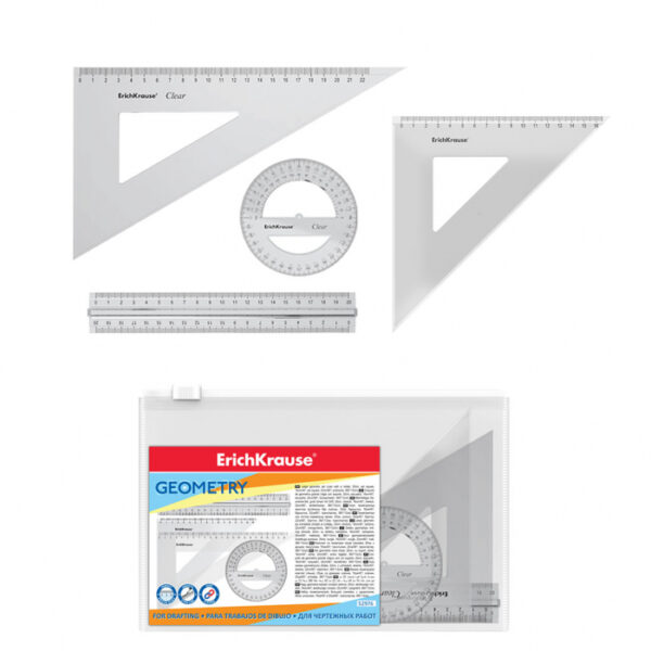 Set de geometrie mare, 4 piese (rigla, raportor, 2 echere)