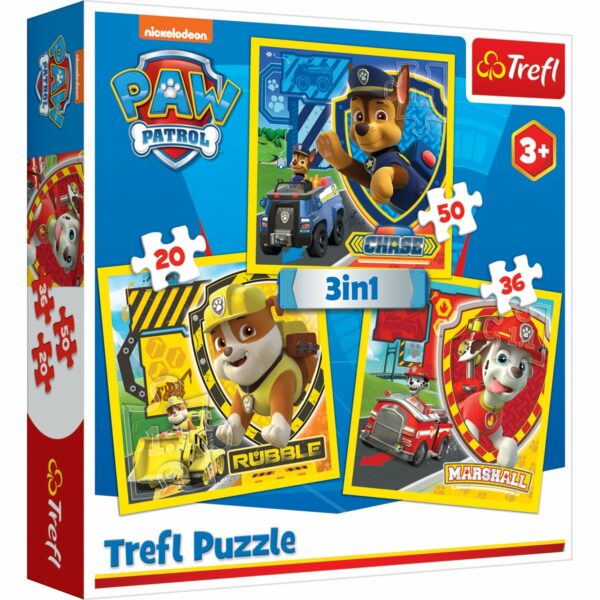 Puzzle Trefl 3 in 1, Marshall, Rubble si Chase, Paw Patrol