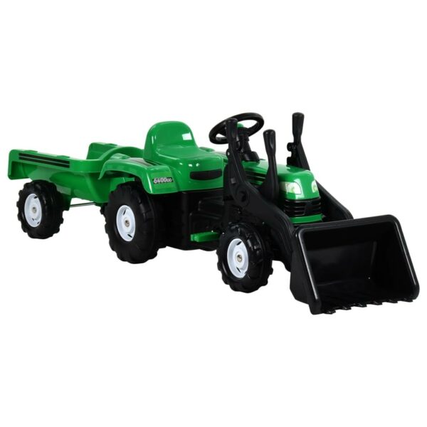 Tractor copii cu pedale, remorca ?i incarcator, verde si negru